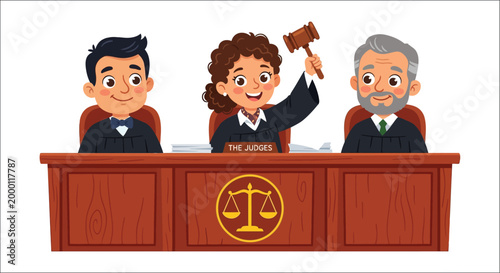 judges in courtroom illustration with gavel and scales of justice