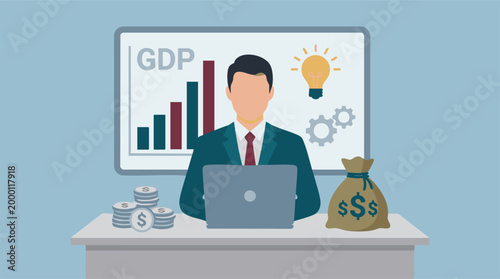 Businessman analyzing GDP growth, financial strategy, and business ideas