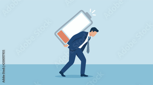 Professional Burnout Concept: Man Carrying Low Battery, Illustrating Fatigue