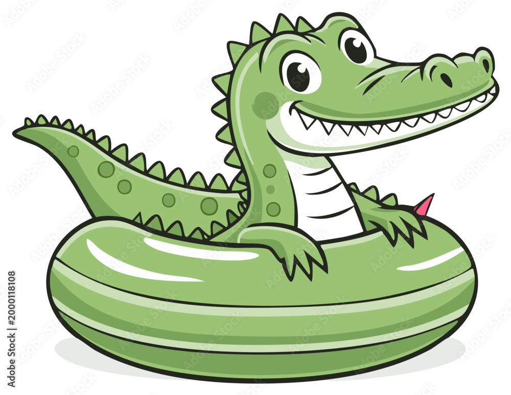Fototapeta premium Cartoon alligator in an inflatable pool float smiling happily