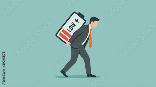 Businessman carrying a low battery, symbolizing fatigue and burnout
