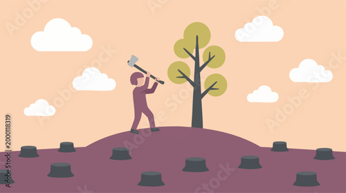 Conceptual illustration of deforestation with a person felling the last tree