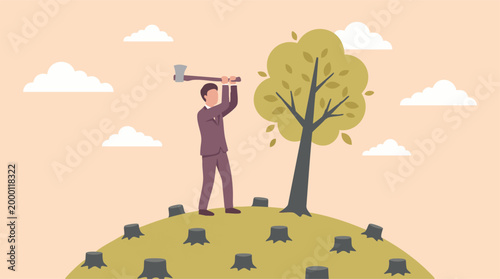 Businessman with axe poised to cut last tree amid stumps, deforestation concept