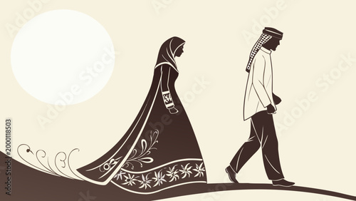 Muslim bride and groom silhouette in traditional dress.