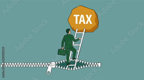 Businessman climbing ladder to overcome a large tax burden concept