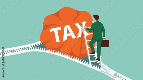 Businessman climbing ladder to 'TAX' zipper, financial and economic burden