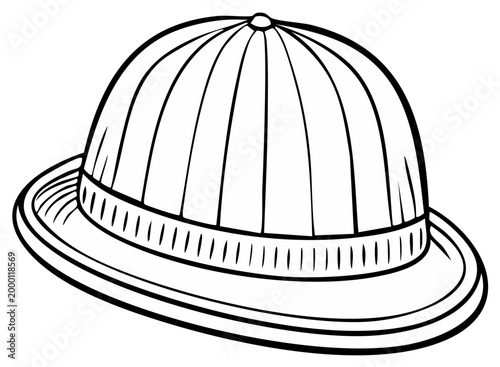 Retro pith helmet outline illustration on white with rounded crown and brim design in black and white