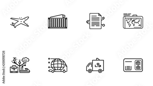 Tableau sur toile Logistics Icons: A comprehensive set of modern line art icons representing essential elements of global logistics, encompassing transportation, documentation, and digital tracking