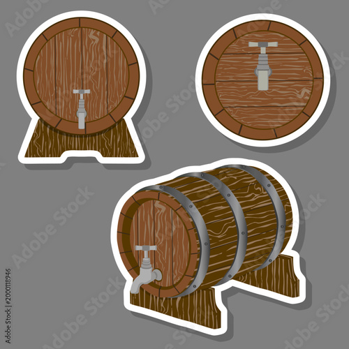 Illustration on theme of old wooden beer barrels with iron fastenings in brewery