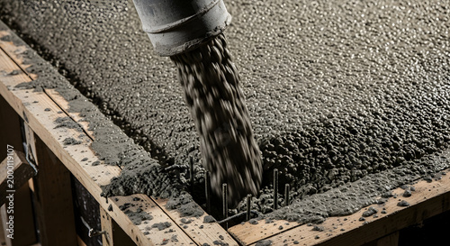 Industrial concrete pouring operation in progress, building a robust foundation for a new structure, showcasing the dynamic process of modern construction and the strength of freshly mixed cement