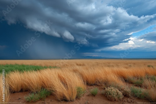 Tall grasses bending under storm clouds over open plain