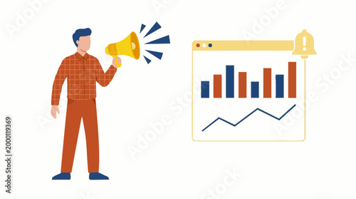 Man with megaphone announces business analytics and marketing data insights