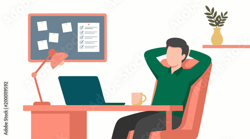 Man relaxing at home office desk, taking a break from remote work with laptop