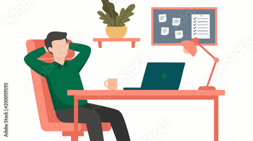 Man relaxing at home office desk with laptop and plant illustration