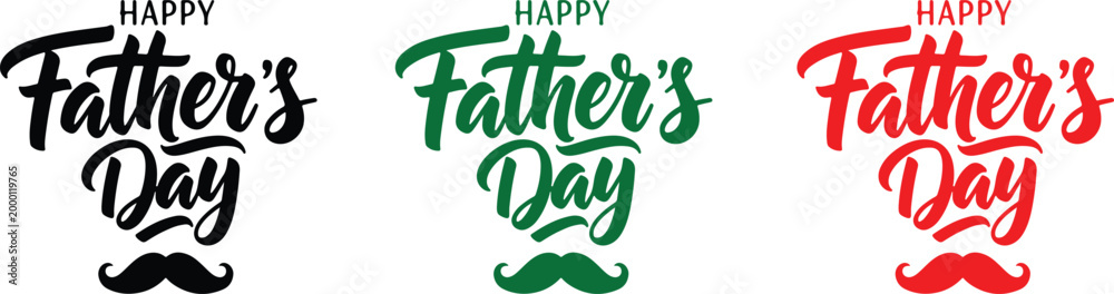 Naklejka premium Festive father's day typography three colorful designs with brushstroke lettering and moustache