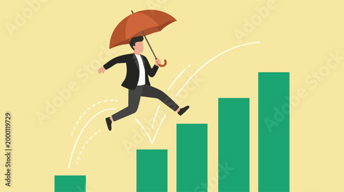 Business growth concept: Man with umbrella jumps over a rising bar chart