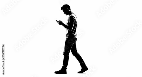 Silhouette of person using mobile phone while walking isolated on white background