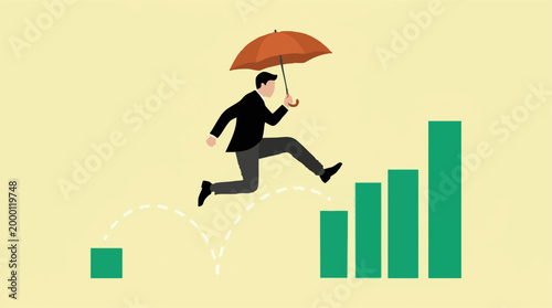 Businessman with umbrella leaping over rising bar chart, concept of growth
