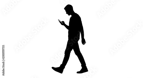 Silhouette of person walking while using a smart device communicating connected concepts
