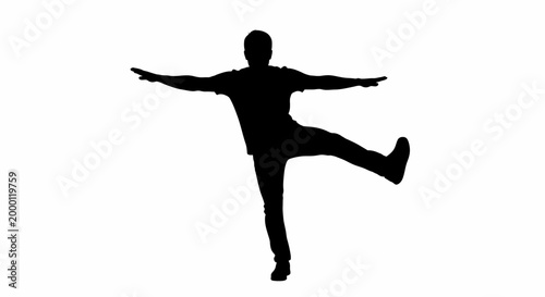Silhouette person balancing on one leg with arms outstretched against white background