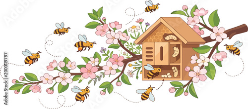 Cartoon beehive hanging on branch