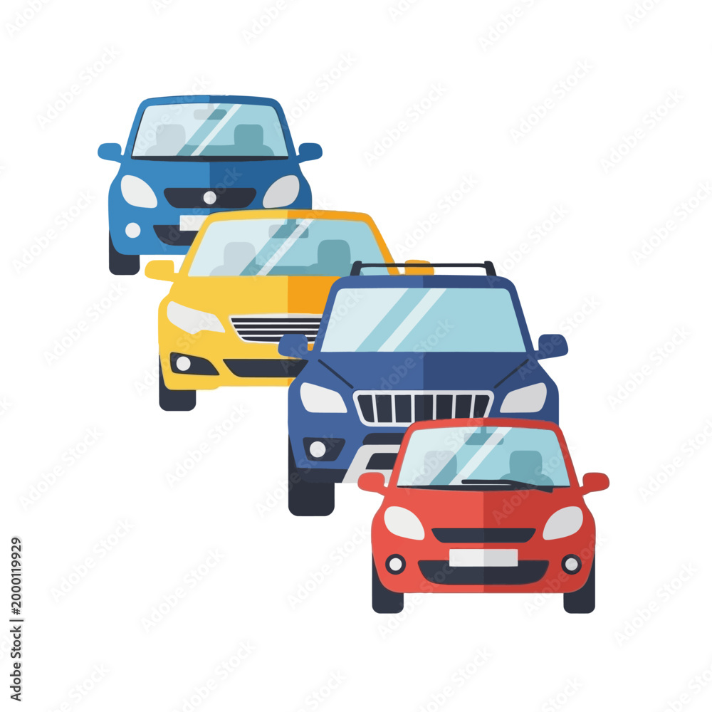 Fototapeta premium Colorful cars in a row, flat design, automotive concept, traffic illustration