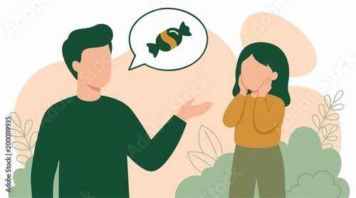 Man offering candy to woman, flat design illustration of communication