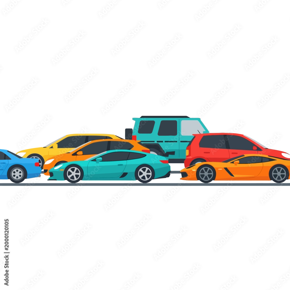 Fototapeta premium Colorful Cars Lined Up On White Background, Traffic Jam Concept