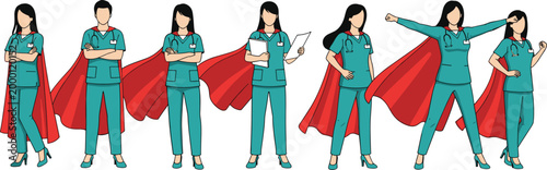 Healthcare Heroes Character Set Featuring Doctors and Nurses Wearing Superhero Capes in Various Confident Poses for Medical Appreciation Designs