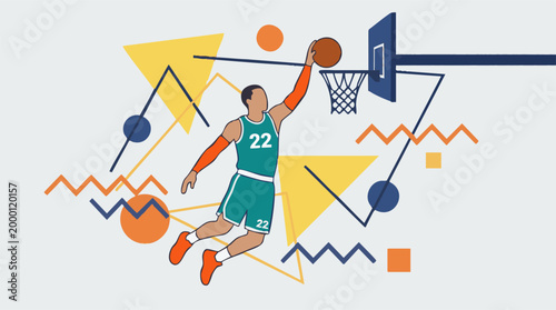 Dynamic illustration of a basketball player dunking with abstract geometric shapes