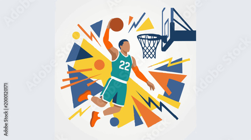 Dynamic basketball player dunking, abstract geometric style illustration