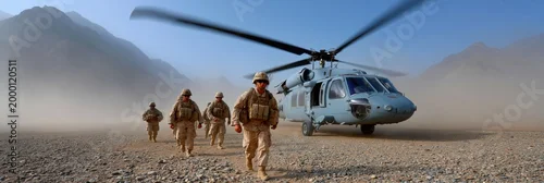 Panel kuchenny z motywem Soldiers exiting helicopter onto rocky plain with distant mountains