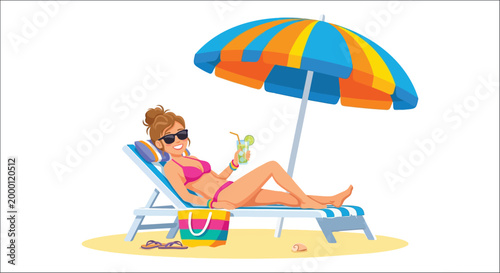 woman relaxing under beach umbrella colorful illustration