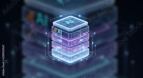 Digital infrastructure concept with stacked glowing data server blocks representing cloud computing and artificial intelligence processing network.