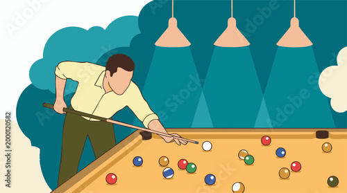 Man playing pool on a billiard table with cue stick and balls