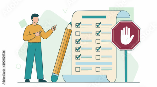 Man pointing to a checklist with a pencil and stop sign - rules and tasks concept.