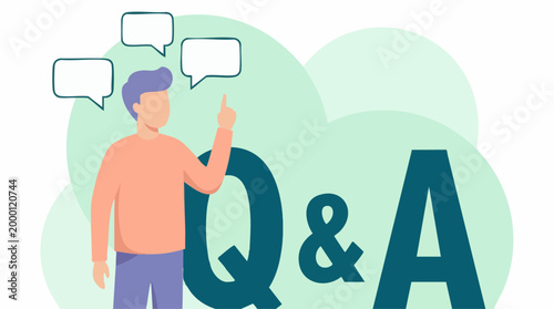 Illustration of person with speech bubbles and Q&A text for support