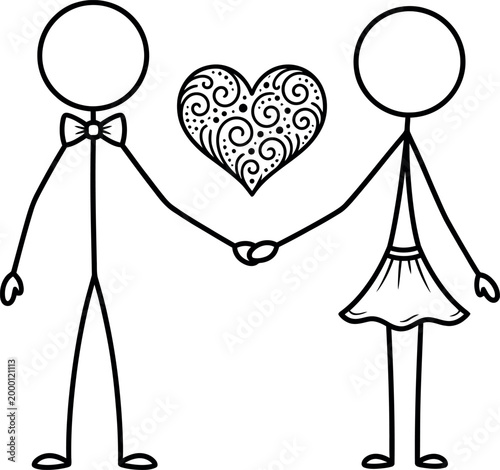 Fényképezés Stick figure couple holding hands with heart between them in romantic gesture