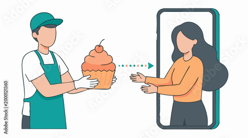 Online Food Delivery Concept: Courier Handing Cupcake to Customer via Smartphone