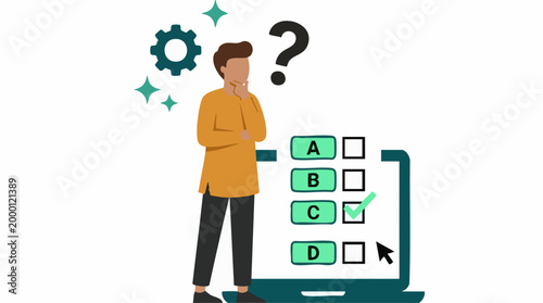 Person pondering online quiz answers, making a choice on a laptop