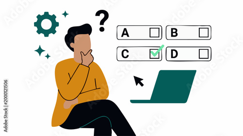 Man thinking, taking online multiple-choice quiz, digital assessment concept