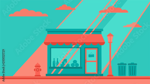 Vibrant flat design illustration of a storefront on an urban street