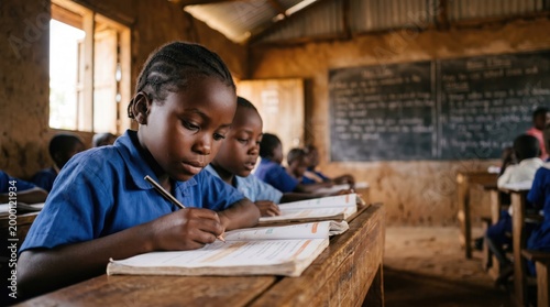 Young African students intently focused on their studies in a rustic classroom setting.