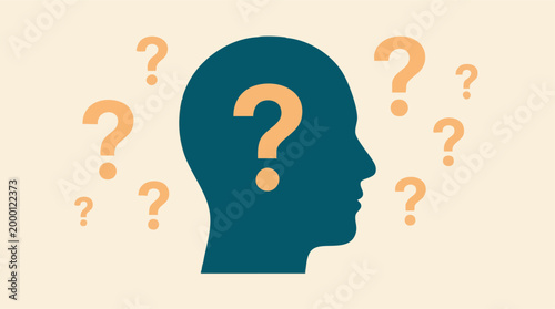 Human Head Silhouette with Question Marks Representing Thought and Doubt