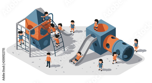 Isometric illustration of kids playing on a playground with slides, ladders, and tunnels, rendered in a cheerful and vibrant color palette against a neutral gray background