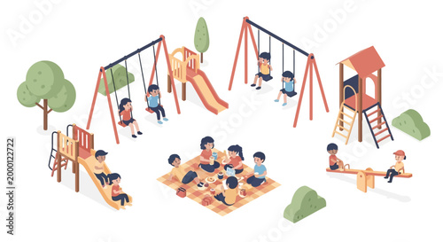 Isometric illustration of children playing on a playground with swings, slides, and a seesaw, parents watching over them on a blanket, set against a clean white background in a bright