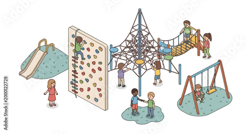 Isometric illustration showing diverse children playing on playground equipment, including a climbing wall, slide, and rope structure, set against a clean white background with a playful