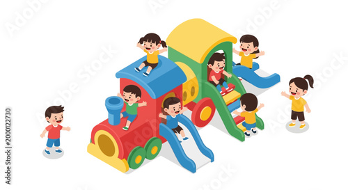 Isometric illustration of children playing on a colorful train-shaped playground structure with slides, rendered in a bright, cheerful style against a white background, conveying a playful