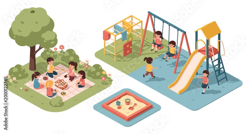 Isometric illustration of children enjoying a picnic with a blanket and food near a tree, along with a playground featuring swings, a slide, climbing bars, and a sandbox, all set