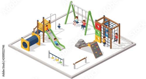 Isometric illustration of children playing on a playground with swings, a slide, and climbing structures against a plain white background, rendered in a bright, cheerful style